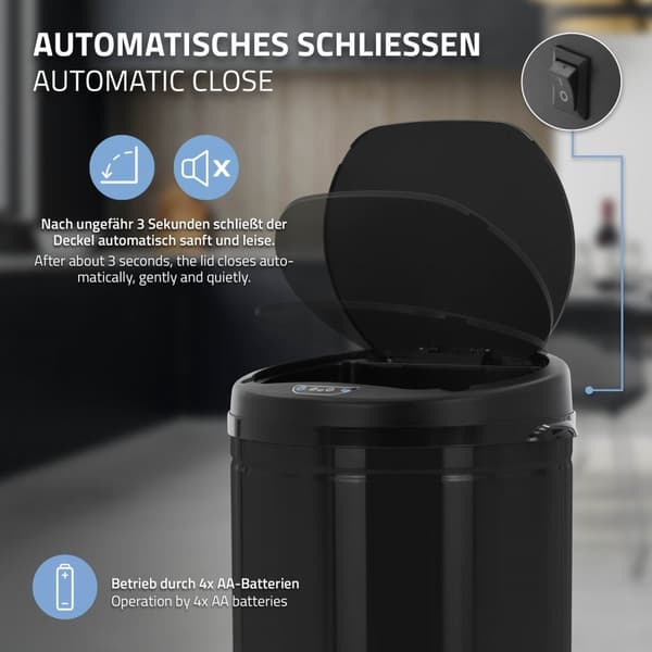 ML-Design Sensorpapperskorg 30L i rostfritt stål; svart; rund; automatisk öppning och stängning; beröringsfri avfallskorg; papperskorg med