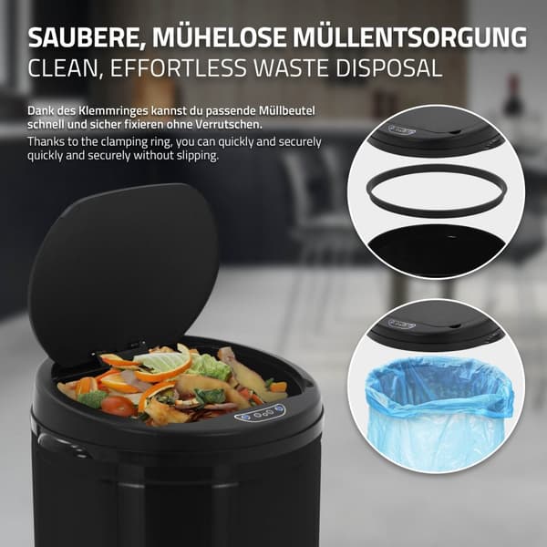 ML-Design Sensorpapperskorg 30L i rostfritt stål; svart; rund; automatisk öppning och stängning; beröringsfri avfallskorg; papperskorg med