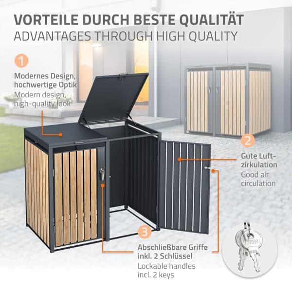 ML-Design Avfallskärlsbox 4 kärl 240L 264x80x116;3cm Antracit-Lärkoptik; Stål; väderbeständig; Låsbar avfallskärlsförklädnad; Fällbart lock/4 dörrar;