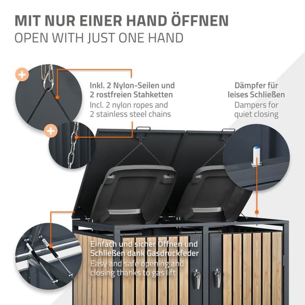 ML-Design Avfallskärlsbox 4 kärl 240L 264x80x116;3cm Antracit-Lärkoptik; Stål; väderbeständig; Låsbar avfallskärlsförklädnad; Fällbart lock/4 dörrar;