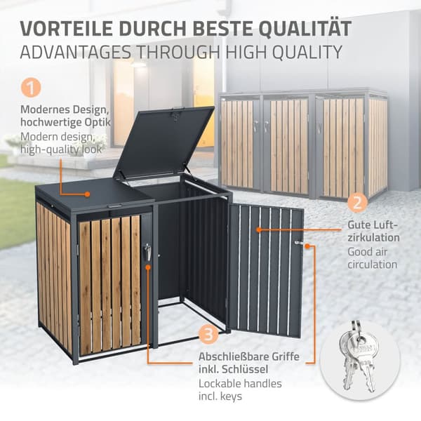 ML-Design Affaldsbeholderboks til 3 affaldsbeholdere 240L 200x80x116;3cm Antracit-Eg; Stål; vejrbestandig; Låsbar affaldsbeholderbeklædning med