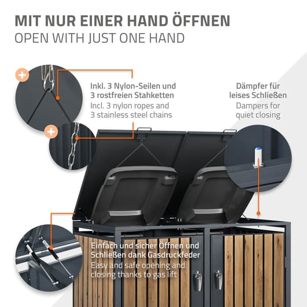 ML-Design Affaldsbeholderboks til 3 affaldsbeholdere 240L 200x80x116;3cm Antracit-Eg; Stål; vejrbestandig; Låsbar affaldsbeholderbeklædning med
