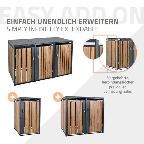 ML-Design Affaldsbeholderboks til 3 affaldsbeholdere 240L 200x80x116;3cm Antracit-Eg; Stål; vejrbestandig; Låsbar affaldsbeholderbeklædning med