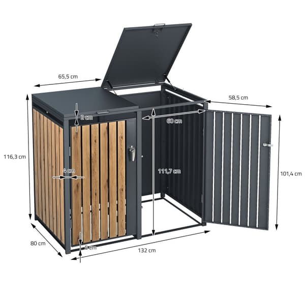 ML-Design Affaldsbeholderboks til 3 affaldsbeholdere 240L 200x80x116;3cm Antracit-Eg; Stål; vejrbestandig; Låsbar affaldsbeholderbeklædning med