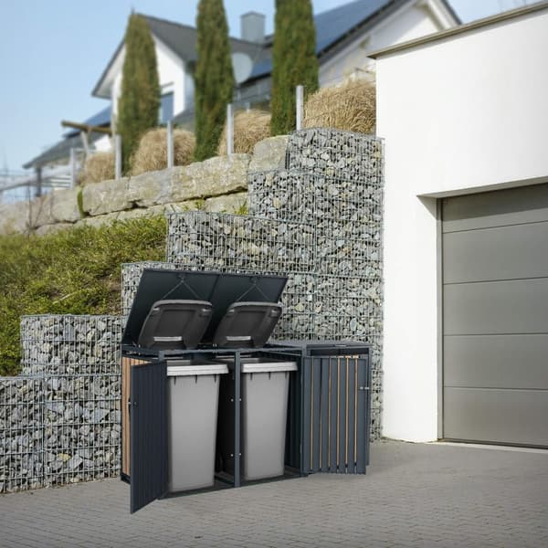 ML-Design Affaldsbeholderboks til 3 affaldsbeholdere 240L 200x80x116;3cm Antracit-Eg; Stål; vejrbestandig; Låsbar affaldsbeholderbeklædning med