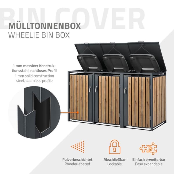 ML-Design Affaldsbeholderboks til 3 affaldsbeholdere 240L 200x80x116;3cm Antracit-Eg; Stål; vejrbestandig; Låsbar affaldsbeholderbeklædning med