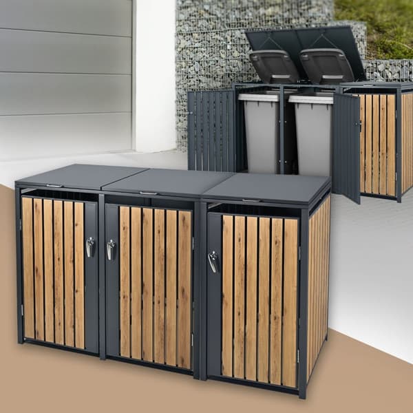 ML-Design Affaldsbeholderboks til 3 affaldsbeholdere 240L 200x80x116;3cm Antracit-Eg; Stål; vejrbestandig; Låsbar affaldsbeholderbeklædning med