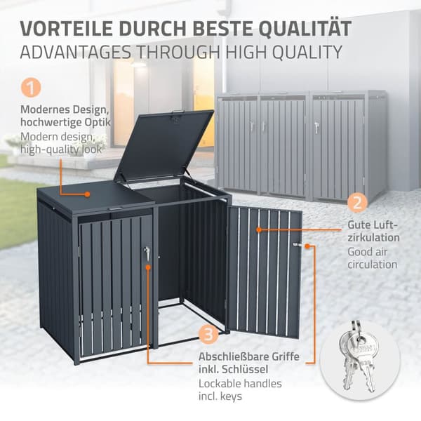 ML-Design Affaldsbeholderboks til 3 containere; 240L; 200x80x116;3 cm; Antracit; Stål; vejrbestandig; Låsbar affaldsbeholderbeklædning med klaplåg/3