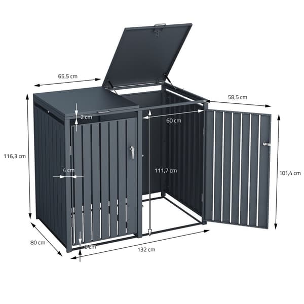 ML-Design Affaldsbeholderboks til 3 containere; 240L; 200x80x116;3 cm; Antracit; Stål; vejrbestandig; Låsbar affaldsbeholderbeklædning med klaplåg/3