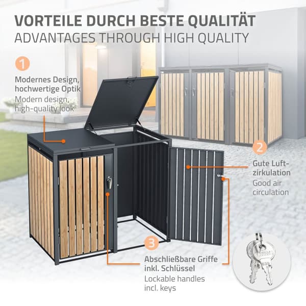 ML-Design Avfallskärlsbox 3 kärl 240L 200x80x116;3cm Antracit-Lärkoptik; Stål; väderbeständig; Låsbar avfallskärlsförklädnad; Fällbart lock/3 dörrar;