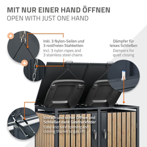 ML-Design Avfallskärlsbox 3 kärl 240L 200x80x116;3cm Antracit-Lärkoptik; Stål; väderbeständig; Låsbar avfallskärlsförklädnad; Fällbart lock/3 dörrar;