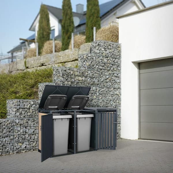 ML-Design Avfallskärlsbox 3 kärl 240L 200x80x116;3cm Antracit-Lärkoptik; Stål; väderbeständig; Låsbar avfallskärlsförklädnad; Fällbart lock/3 dörrar;