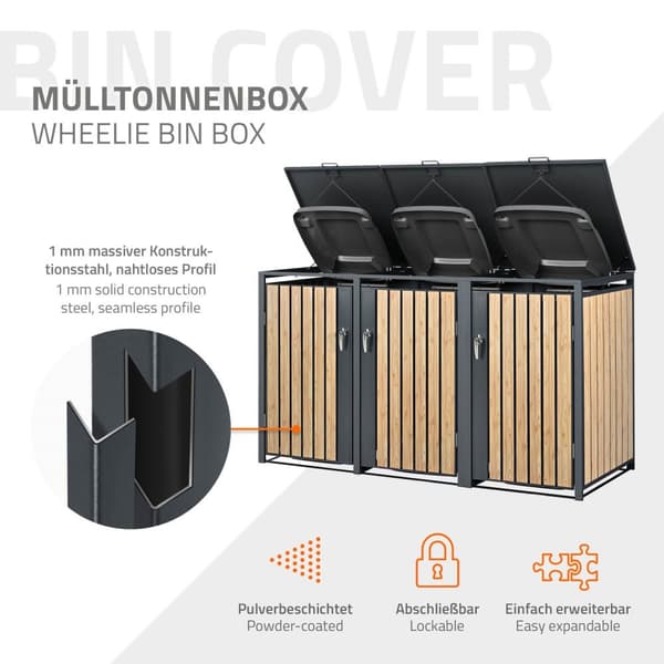 ML-Design Avfallskärlsbox 3 kärl 240L 200x80x116;3cm Antracit-Lärkoptik; Stål; väderbeständig; Låsbar avfallskärlsförklädnad; Fällbart lock/3 dörrar;