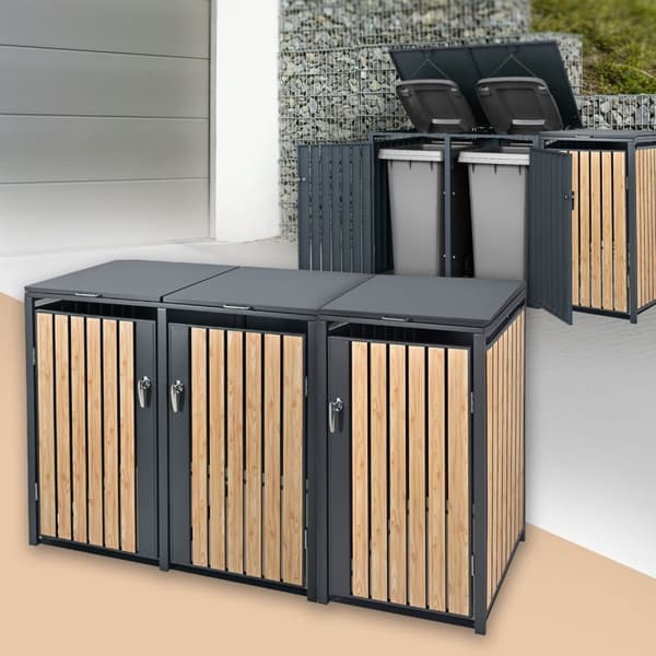 ML-Design Avfallskärlsbox 3 kärl 240L 200x80x116;3cm Antracit-Lärkoptik; Stål; väderbeständig; Låsbar avfallskärlsförklädnad; Fällbart lock/3 dörrar;
