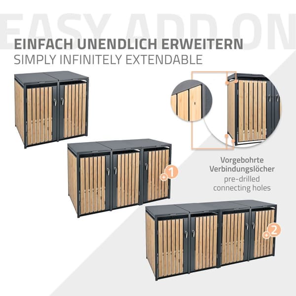 ML-Design Roskakatos 2 astialle 240L 132x80x116;3cm Antrasiitti-kuusen näköinen; teräs; säänkestävä; lukittava roskakatoksen kansi/2 ovea;