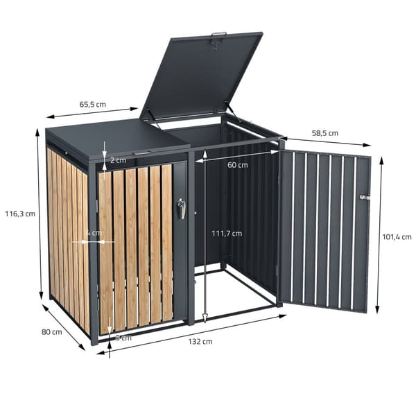 ML-Design Roskakatos 2 astialle 240L 132x80x116;3cm Antrasiitti-kuusen näköinen; teräs; säänkestävä; lukittava roskakatoksen kansi/2 ovea;