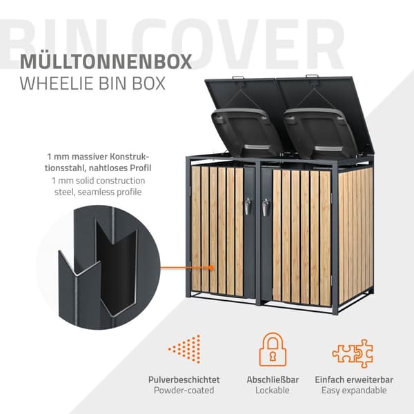 ML-Design Roskakatos 2 astialle 240L 132x80x116;3cm Antrasiitti-kuusen näköinen; teräs; säänkestävä; lukittava roskakatoksen kansi/2 ovea;