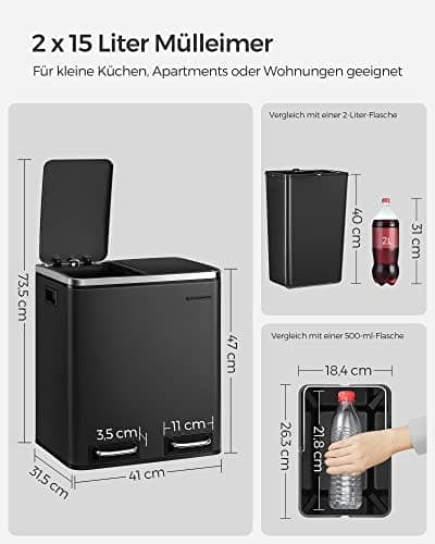 Songmics køkkenspand, 2 x 15 l stålspande, stigespande med indvendige spande, lugtfast