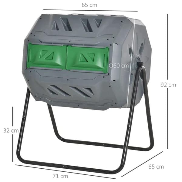 Rootz 2 Bin kompostilaatikko - 160L Tilavuus - Pyörivä kompostilaatikko - Harmaa + Vihreä + Musta - 71cm x 65cm x 96cm