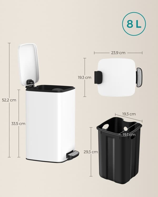Rootz White Cosmetic Bin - Meikkisäiliö - Kylpyhuoneen roskakori - Teräksinen ulkosäiliö - PP Muovinen sisäsäiliö - ABS-muovipohja - 23,9 cm x 19,3 cm