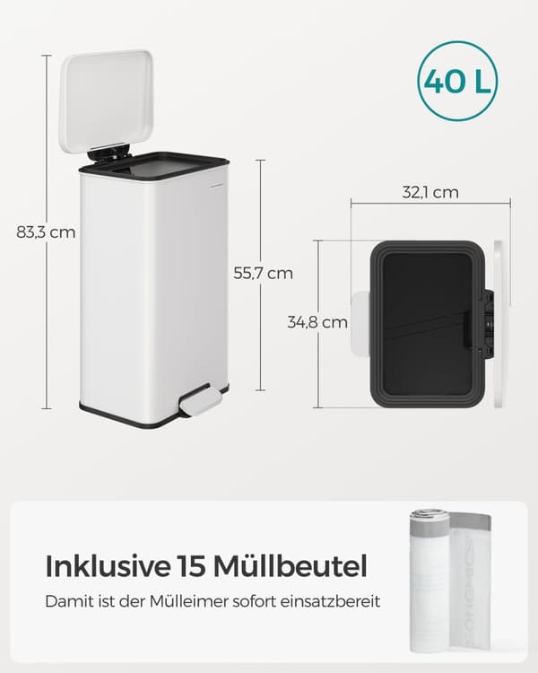 Rootz vit stålsoptunna med lock - soptunna - sopkorg - 40 liters kapacitet - 34,8 cm x 32,1 cm x 55,7 cm - 83,3 cm total höjd - 3,3 kg - 15 gaspåsar i