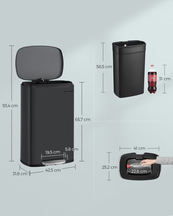 Rootz 50L sort skraldespand i stål - Skraldespand - Affaldskurv - Holdbar konstruktion - Håndfri betjening - Lugtkontrol - 42,5 cm x 31,8 cm x 65,7 cm