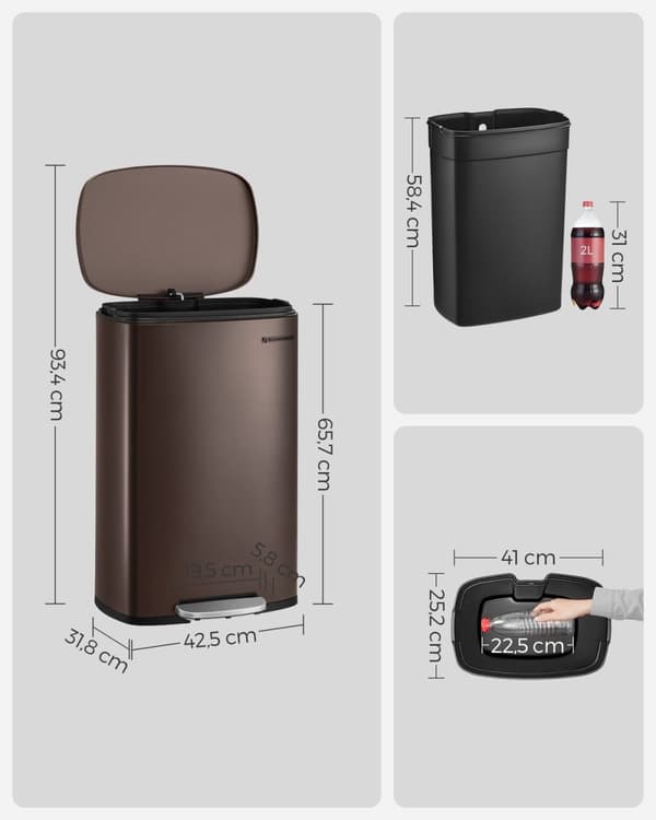 Rootz 50L vintage brun stål skraldespand - Skraldespand - Affaldskurv - Holdbar konstruktion - Praktisk fodpedal - Rummelig indvendig spand - 42,5 cm