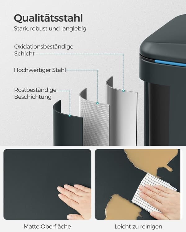 Rootz Grey Steel Cake Bin - Papperskorgen - Avfallsbehållare - Fotpedal - Innerhink av PP-plast - 44,4 cm x 40,8 cm x 60,2 cm - 19 cm x 28,5 cm x 50 c