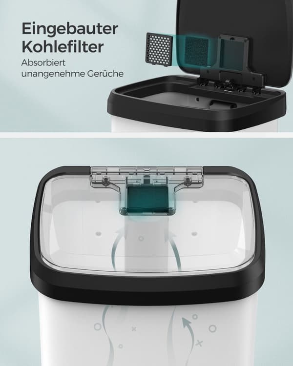Rootz 50L papperskorg i stål med lock - Avfallstunna - Soptunna - Slitstark PP-plast - Handsfree-drift - Luktkontroll - Utrymmesbesparande design - 40