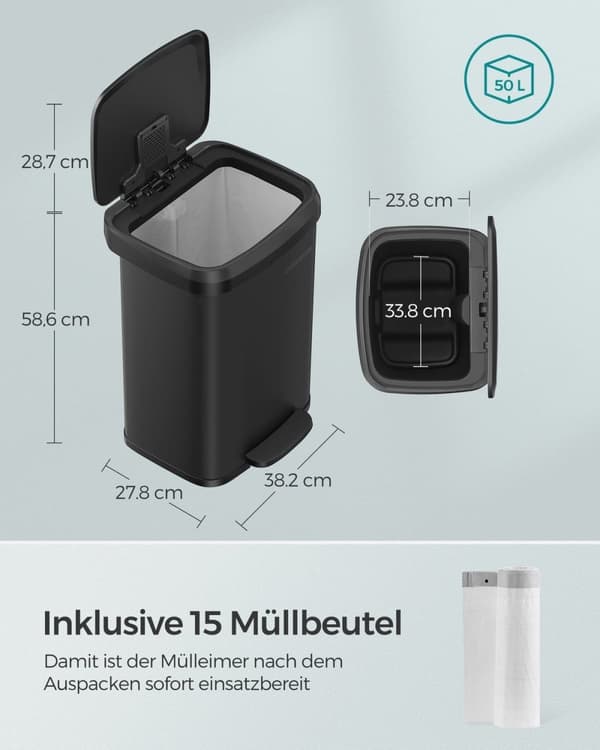 Rootz 50L musta roskakori kannella - Roskakori - Jätekori - Terästä ja PP-muovia - Hands-free-käyttö - Hajunhallinta - Tilaa säästävä muotoilu - 40,4
