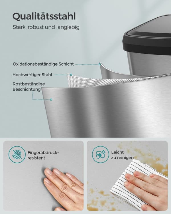 Rootz 50L papperskorg med lock - soptunna - Papperskorg - Stål och PP-plast - Handsfree-drift - Luktkontroll - Utrymmesbesparande design - 40,4 cm x 3