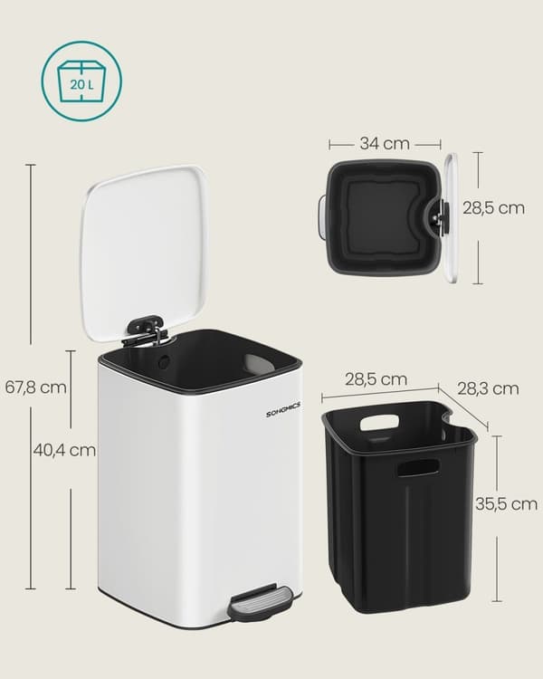 Rootz White Step papperskorg - Stålkorg - PP-plastsoptunna - 20L Kapacitet - 34cm x 28,5cm x 40,4cm - Fotpedalkorg
