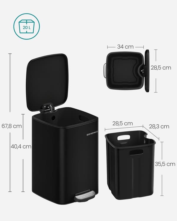 Rootz 20L papperskorg - soptunna - Papperskorg - Stål & PP-plast - 34 cm x 28,5 cm x 40,4 cm - Bläck svart - 67,8 cm total höjd