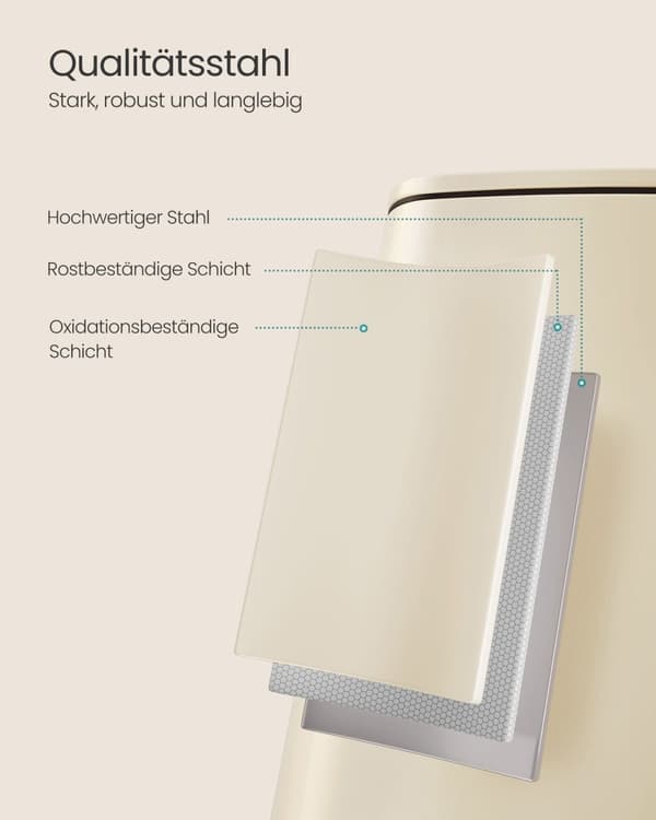 Rootz 30L skraldespand - Sandbeige beholder - Stål PP-plastik - Stor størrelse - Indvendig spand - 34 cm x 28,5 cm x 54,4 cm - 82 cm totalhøjde