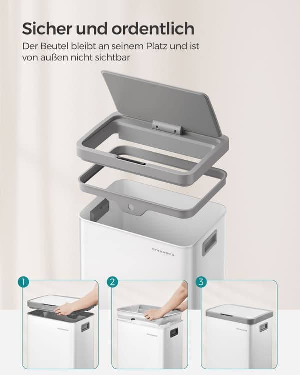 Rootz papperskorg - Avfallsbehållare - Soptunna - Stål, PP-plast - 41 cm x 29,5 cm x 90 cm - 68L Kapacitet - Molnvit - 5 kg - 15 gaspåsar