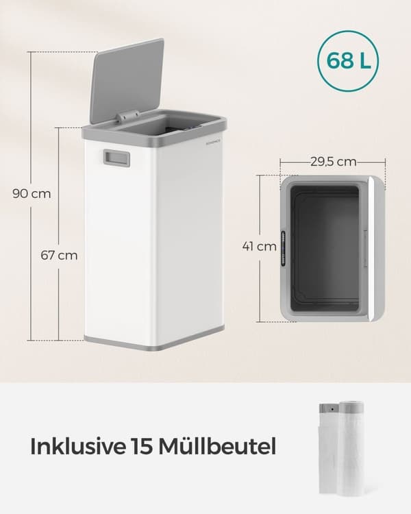 Rootz papperskorg - Avfallsbehållare - Soptunna - Stål, PP-plast - 41 cm x 29,5 cm x 90 cm - 68L Kapacitet - Molnvit - 5 kg - 15 gaspåsar