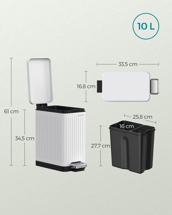 Rootz Cloud White Cosmetic Bin - Ydre stålbeholder - PP Indvendig spand - 10L Kapacitet - 33,5 cm x 16,8 cm x 34,5 cm