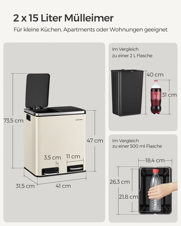 Avfallsseparationssystem-3 fack-3 x 18 L-lock-sand-beige-bläcksvart
