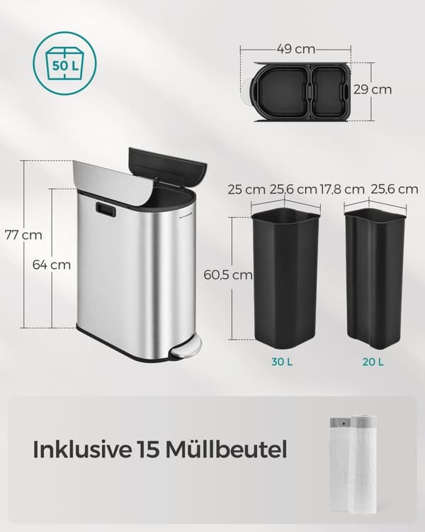 Avfallsseparationssystem - med 2 fack - Metalliskt silver