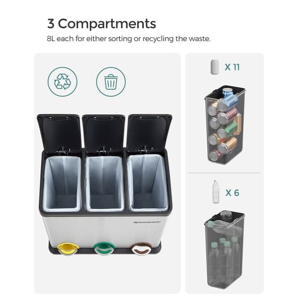 Affaldsseparation spredt bin-pedal bin-24 liter-3-i-1-sølv
