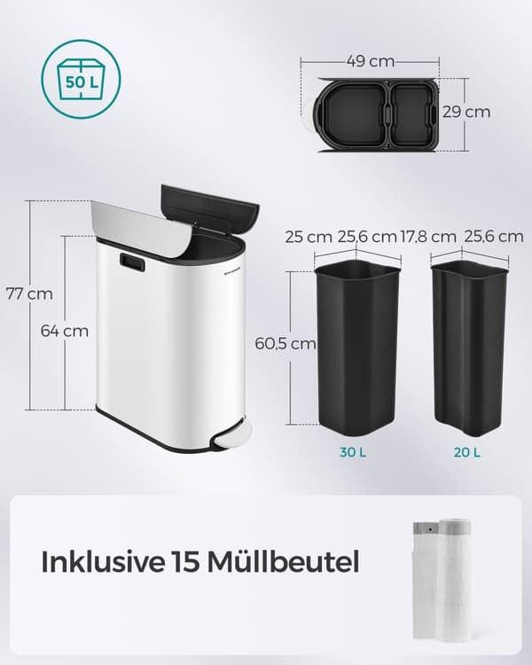 Avfallsseparationssystem med 2 fack-wolkwit-metalliskt silver