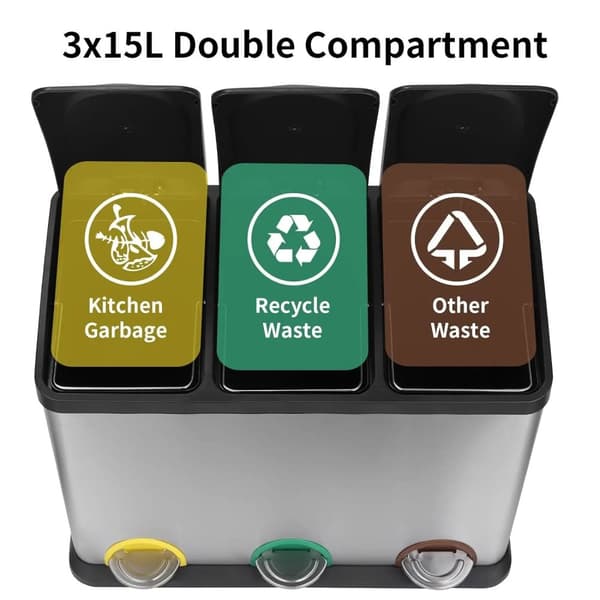 Rektangulær Køkken Pedalspand, 3 Kompartment Affaldssortering, Rustfrit Stål Konstruktion,3x 15L (45L)