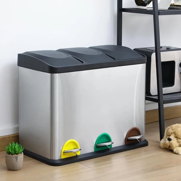 Rektangulær Køkken Pedalspand, 3 Kompartment Affaldssortering, Rustfrit Stål Konstruktion,3x 15L (45L)