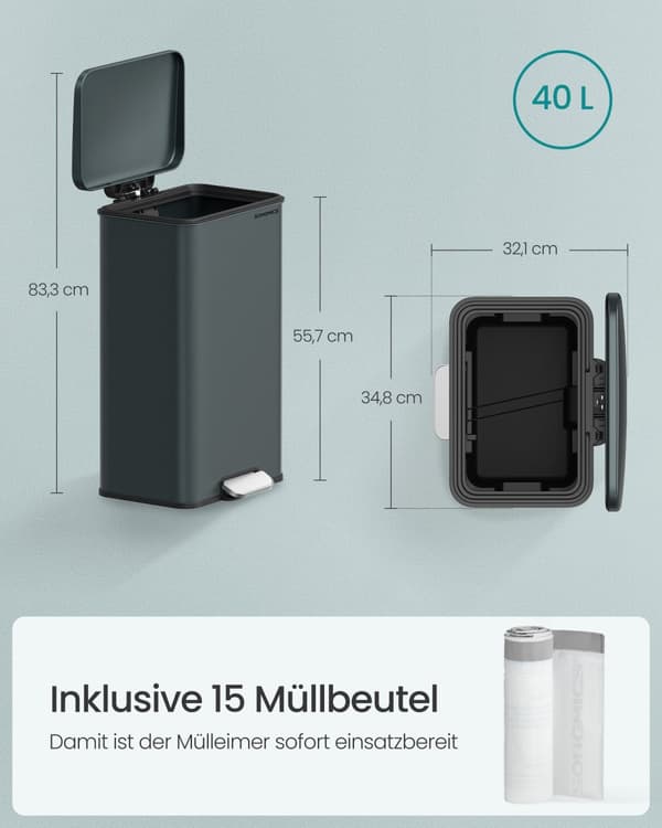 Køkken Prullen Bin - Med låg - 40 liter - Antracit Gray
