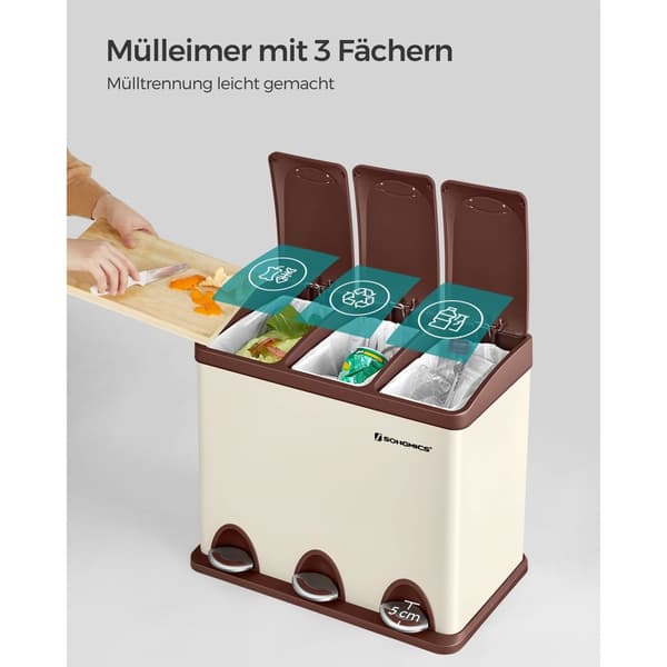 Skräp bin-3 × 8 liter-med lock och inre hink-crème-vit & brun