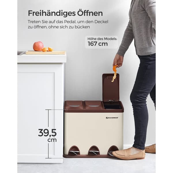 Skräp bin-3 × 8 liter-med lock och inre hink-crème-vit & brun