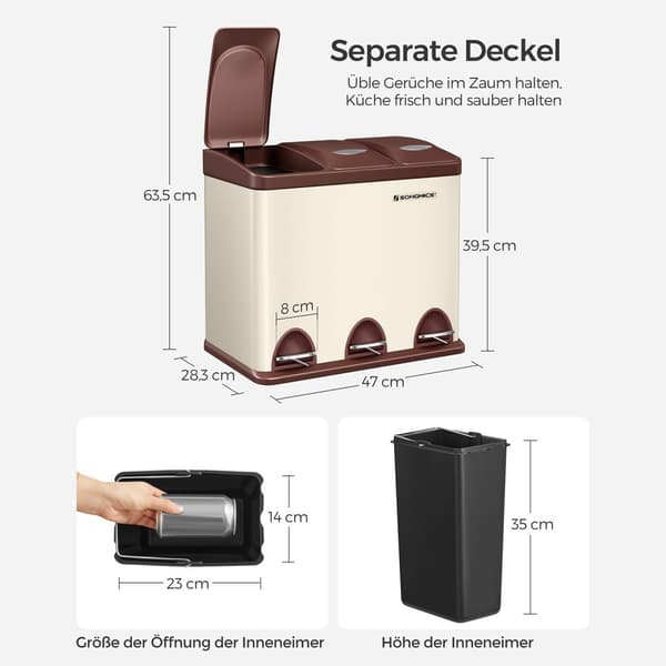 Skräp bin-3 × 8 liter-med lock och inre hink-crème-vit & brun
