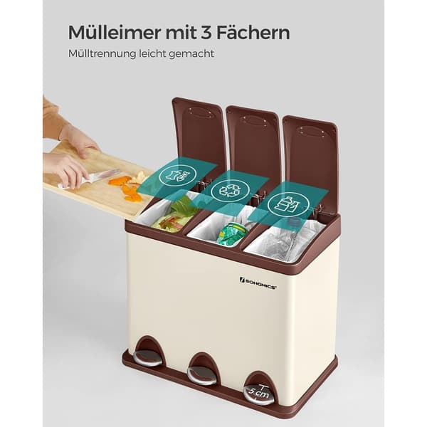 Skräp bin-3 × 8 liter-med lock och inre hink-crème-vit & brun