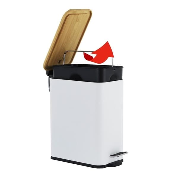 Stilfuld hvid pedalemme med bambuslåg - 5L, holdbar stål- og plastbund, moderne mat finish