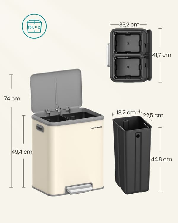 Kökssoptunna, SONGMICS sopseparationssystem 2 x 15 L, stål, mjukstängande lock, brett robust pedal, molnvitt, sandbeige.